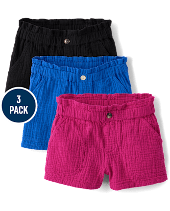 Girls Gauze Paperbag Waist Shortie Shorts 3-Pack