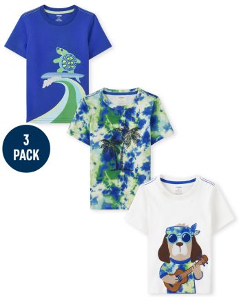 Boys Embroidered Dog Top, Embroidered Turtle Top And Tie Dye Palm Tree Top 3-Pack - Music Festival