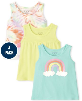 Paquete de 3 camisetas sin mangas con arcoíris para niñas pequeñas