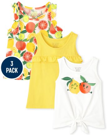 Paquete de 3 camisetas sin mangas con volantes de frutas para niñas pequeñas
