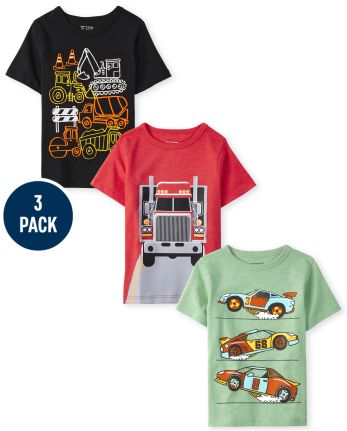 Paquete de 3 camisetas con gráfico de vehículo para niños pequeños