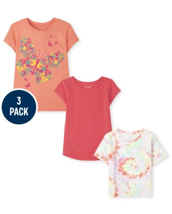 Pack de 3 tops con estampado de mariposas y tie dye para niñas