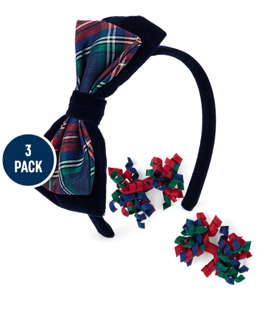 Girls Plaid 3-Piece Hair Set - Royal Christmas