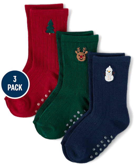 Boys Embroidered Holiday Crew Socks 3-Pack - Royal Christmas