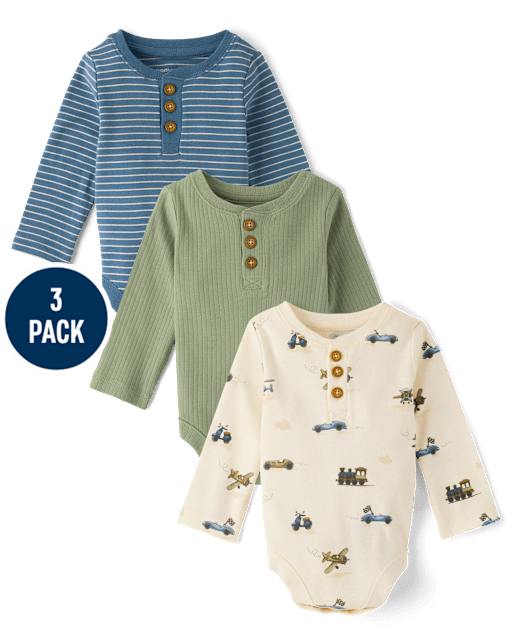 Baby Boys Vehicle Henley Bodysuit 3-Pack