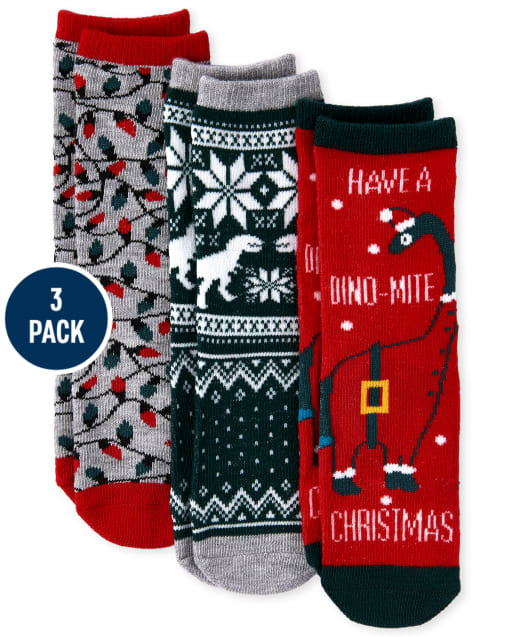 Toddler Boys Christmas Dino Crew Socks 3-Pack