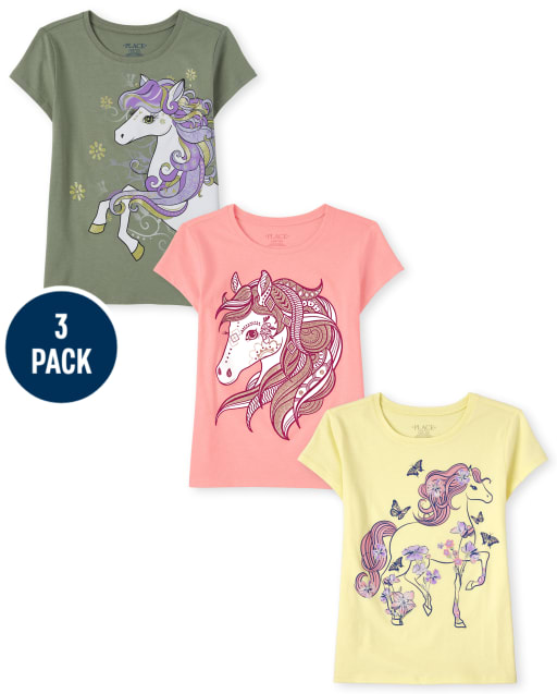 Paquete de 3 camisetas con estampado de caballos para niñas