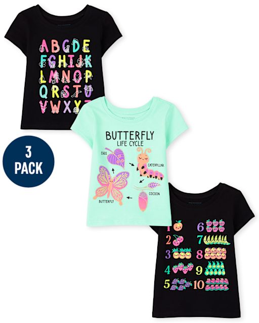 Paquete de 3 camisetas con gráfico educativo para bebés y niñas pequeñas