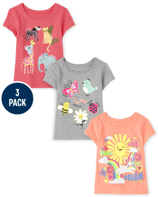 Baby And Toddler Girls Animals Graphic Tee 3-Pack