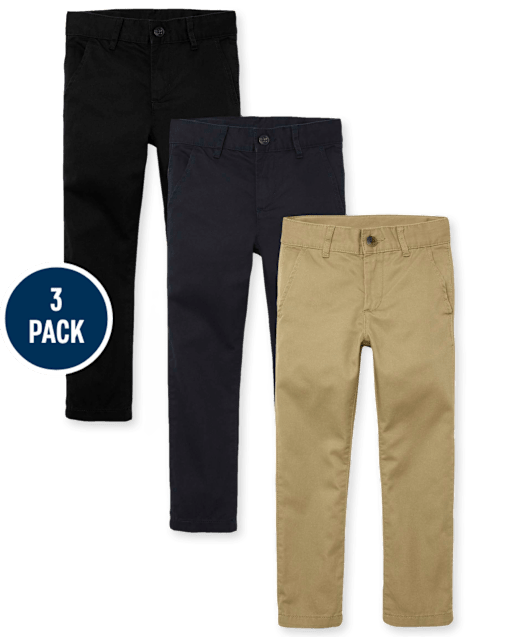 Pantalones chinos ajustados de uniforme para niños, paquete de 3