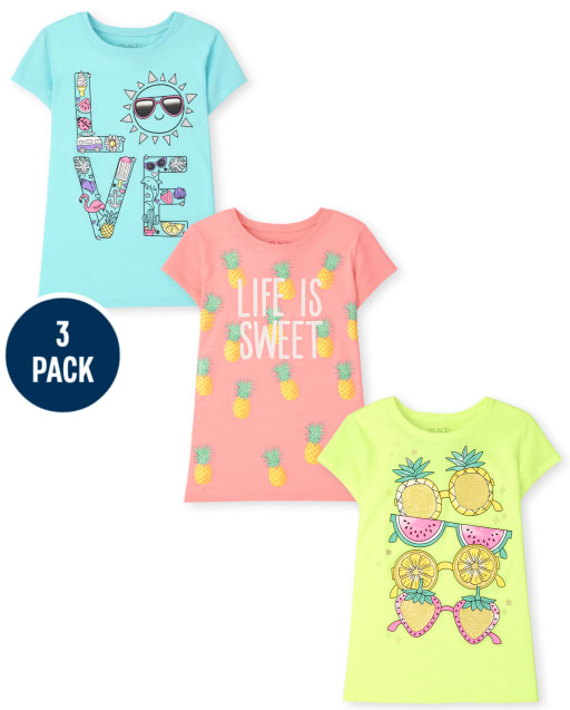 Paquete de 3 camisetas estampadas de verano para niñas