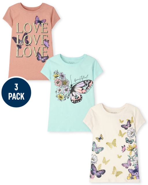 Lot de 3 t-shirts graphiques papillons pour fille
