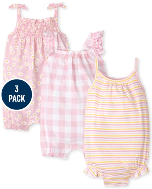 Pack de 3 mamelucos para bebé niña con diseño floral a cuadros