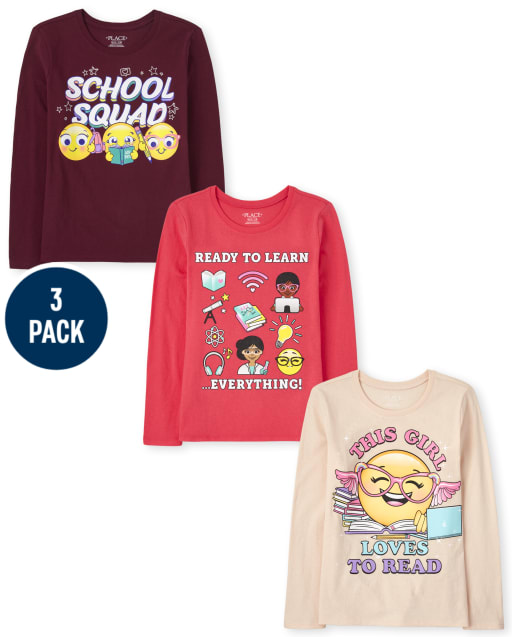 Paquete de 3 camisetas escolares con gráfico para niñas