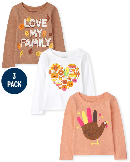 Paquete de 3 camisetas con estampado de otoño para niñas pequeñas