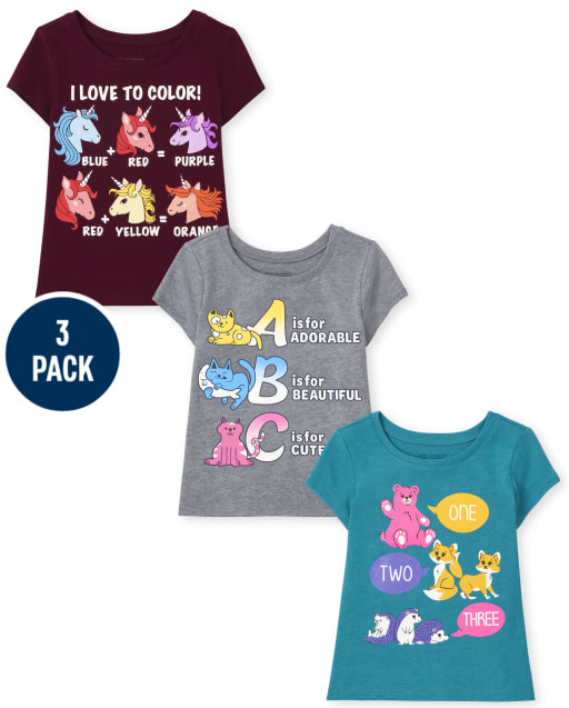 Paquete de 3 camisetas con estampado de animales educativos para niñas pequeñas