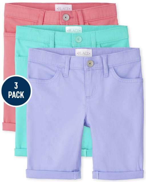 Girls Roll Cuff Twill Skimmer Shorts 3-Pack