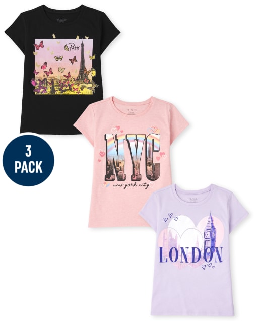 Paquete de 3 camisetas con estampado de destino para niñas