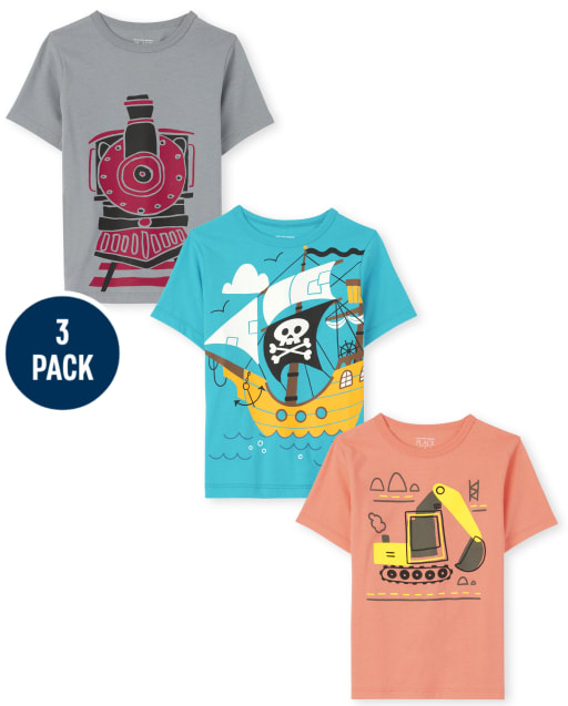 Camiseta con gráfico de vehículo para niños pequeños, paquete de 3