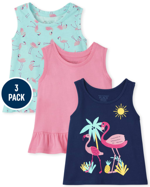 Toddler Girls Flamingo Ruffle Tank Top 3-Pack
