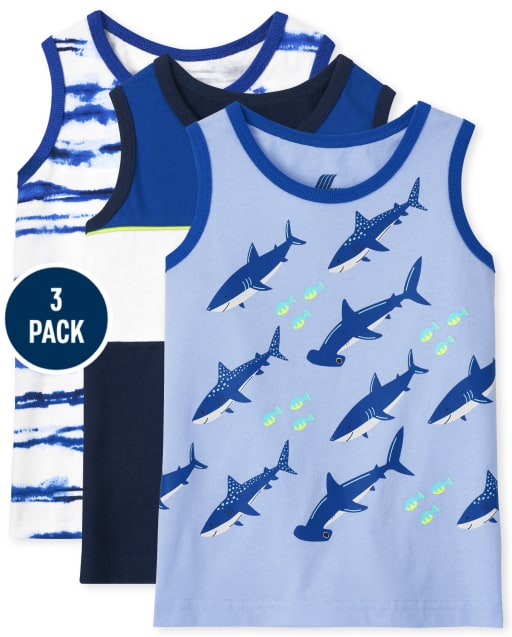 Pack de 3 camisetas sin mangas con estampado de tiburón para niños pequeños