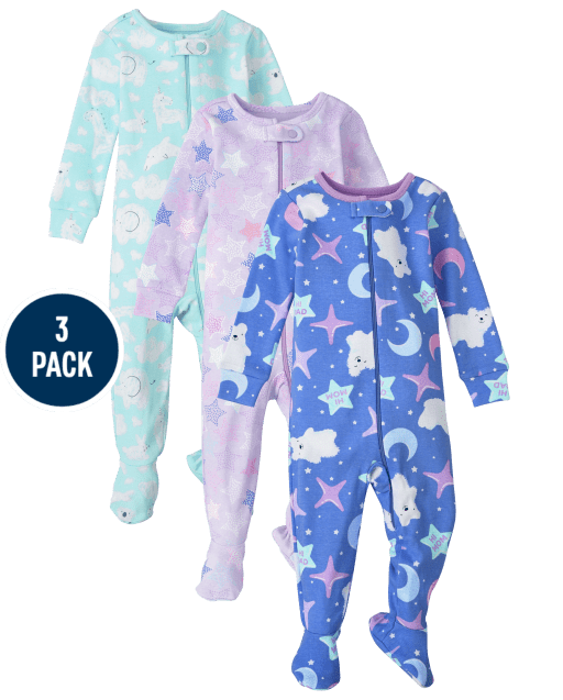 Lot de 3 pyjamas une pièce en coton coupe ajustée ours polaire pour bébé et toute-petite fille