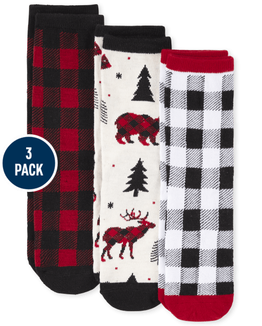 Kids Matching Family Buffalo Plaid Crew Socks 3-Pack