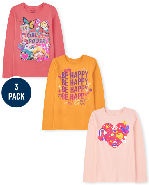 Paquete de 3 camisetas con estampado de emoticonos para niñas