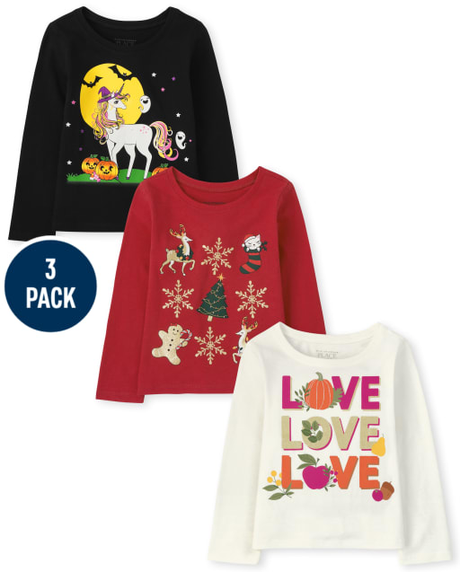 Paquete de 3 camisetas con estampado navideño para niñas pequeñas