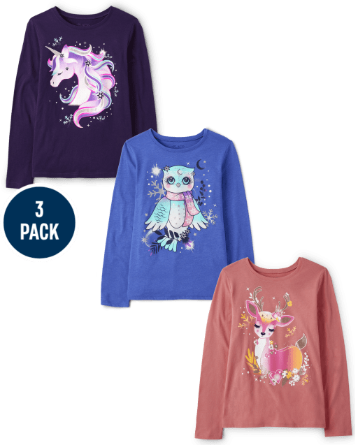 Lot de 3 t-shirts graphiques animaux d'hiver pour fille
