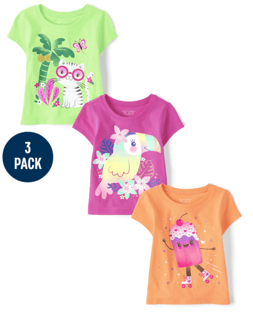 Baby And Toddler Girls Tropical Animal Graphic Tee 3-Pack
