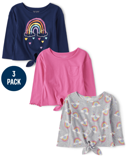 Lot de 3 hauts arc-en-ciel noués sur le devant pour petites filles