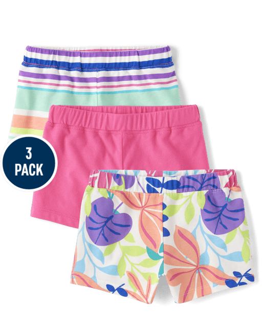 Pack de 3 pantalones cortos con estampado de hojas tropicales para niñas pequeñas