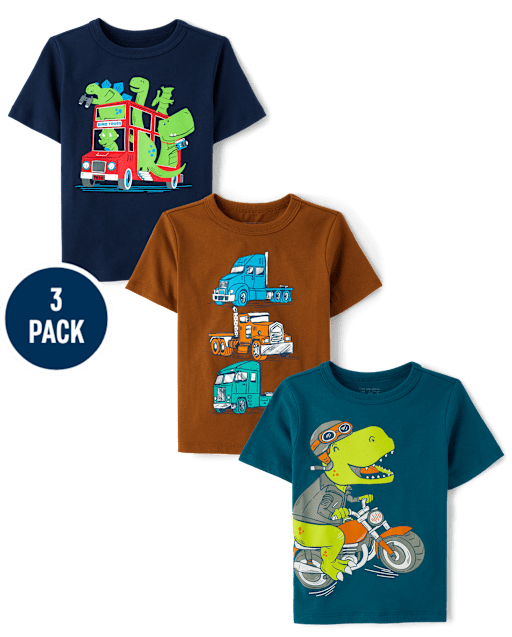 Baby And Toddler Boys Dino  Vehicle Graphic Tee 3-Pack