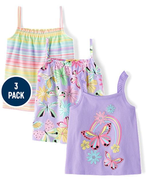 Toddler Girls Butterfly Ruffle Tank Top 3-Pack