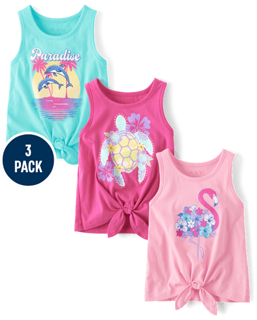 Girls Tropical Tie Front Tank Top 3-Pack