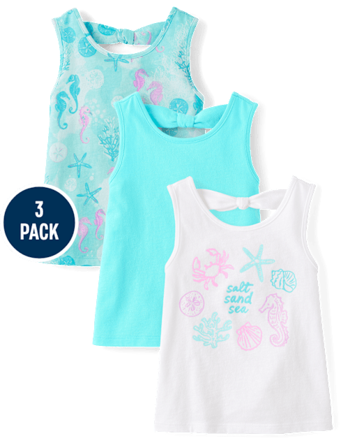 Lot de 3 débardeurs à paillettes pour petites filles, motif créatures marines et nœud dans le dos