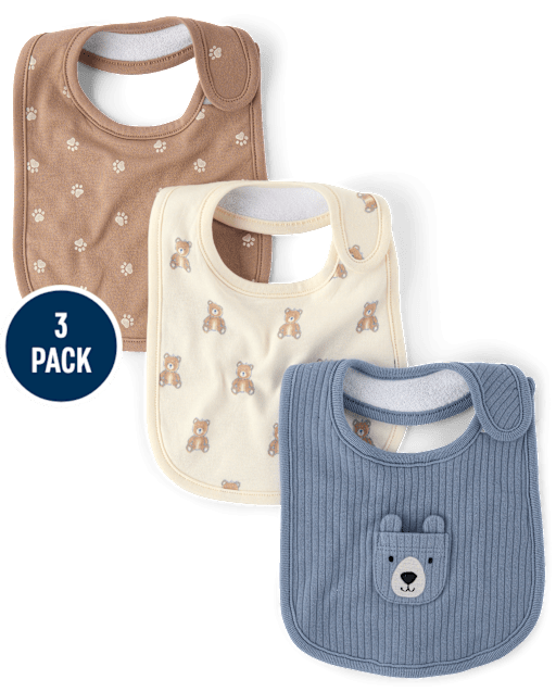 Baby Boys Embroidered Bear Bib 3-Pack