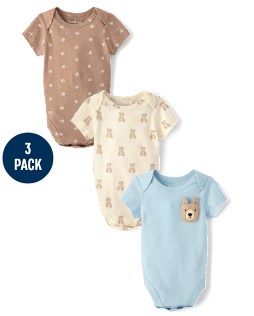Baby Boys Embroidered Bear Bodysuit 3-Pack