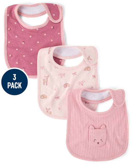 Baby Girls Embroidered Deer Bib 3-Pack