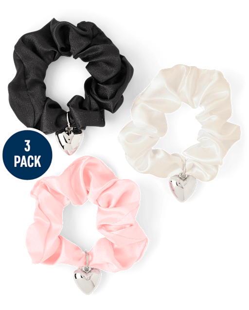 Girls Satin Heart Charm Scrunchie 3-Pack