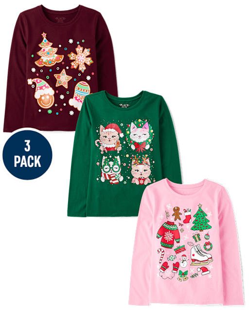 Girls Christmas Doodle Graphic Tee 3-Pack