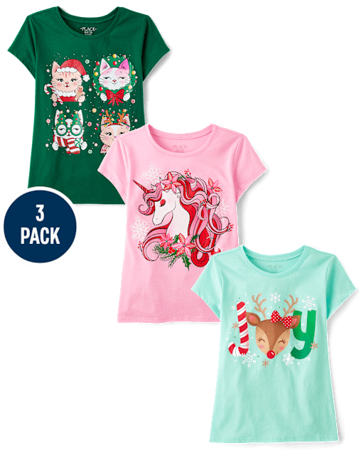 Girls Christmas Animal Graphic Tee 3-Pack