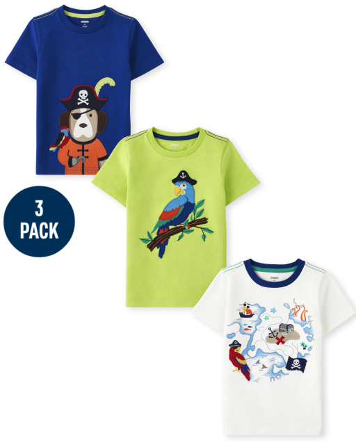 Boys Short Sleeve Embroidered Treasure Map Top, Short Sleeve Embroidered Pirate Dog Top And Short Sleeve Embroidered Parrot Top Set - Aye Aye Matey