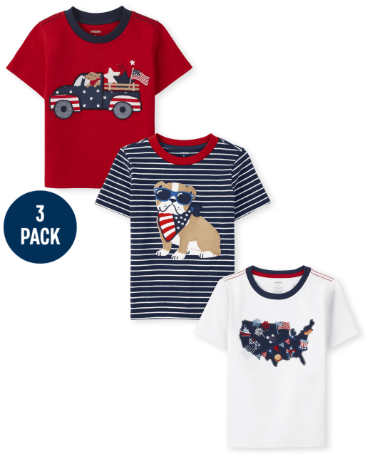 Boys Short Sleeve Embroidered Map Top, Short Sleeve Embroidered Truck Top And Short Sleeve Embroidered Bulldog Striped Top 3-Pack - American Cutie