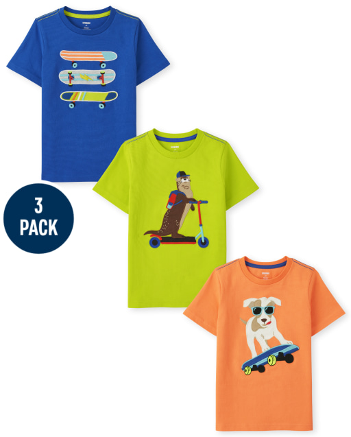 Boys Short Sleeve Embroidered Scooter Top, Boys Short Sleeve Embroidered Skateboard Top And Short Sleeve Embroidered Dog Skateboard Top 3-Pack - Stunt Master
