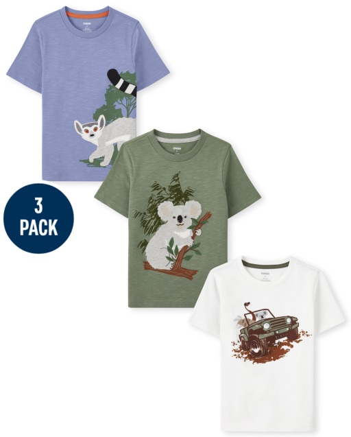 Boys Short Sleeve Embroidered Jeep Top, Short Sleeve Embroidered Lemur Top And Short Sleeve Embroidered Koala Top 3-Pack - Outback Adventure