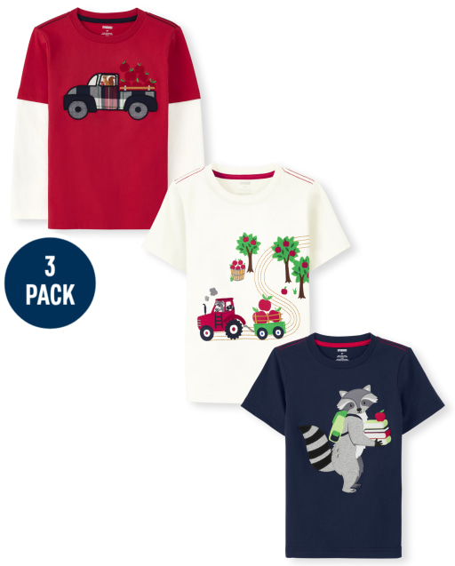 Boys Short Sleeve Embroidered Apple Orchard Top, Long Sleeve Embroidered Truck Layered Top And Short Sleeve Embroidered Raccoon Top 3-Pack - Head of the Class