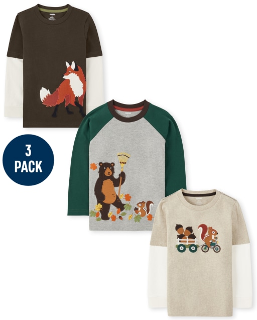 Boys Long Sleeve Embroidered Fox Layered Top, Boys Long Sleeve Embroidered Chipmunk Layered Top And Long Sleeve Embroidered Bear Raglan Top 3-Pack - Autumn Harvest