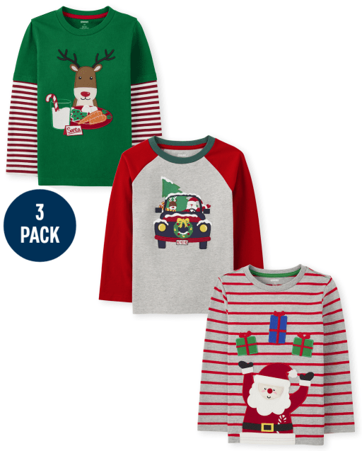 Boys Long Sleeve Embroidered Reindeer Layered Top, Long Sleeve Embroidered Truck Raglan Top And Long Sleeve Striped Santa Top 3-Pack - Holiday Express